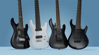 Four 8-string guitars sit side-by-side on a blue background