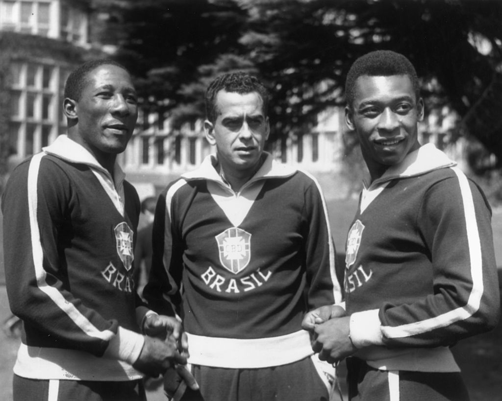 Three footballers of Brazil's national team - (from left to right) - Djalma Santos, Zito and Pele - at their hotel at Selsdon Park. The players have recovered from injuries received in a road accident at Hamburg and are in training for a forthcoming match against England.