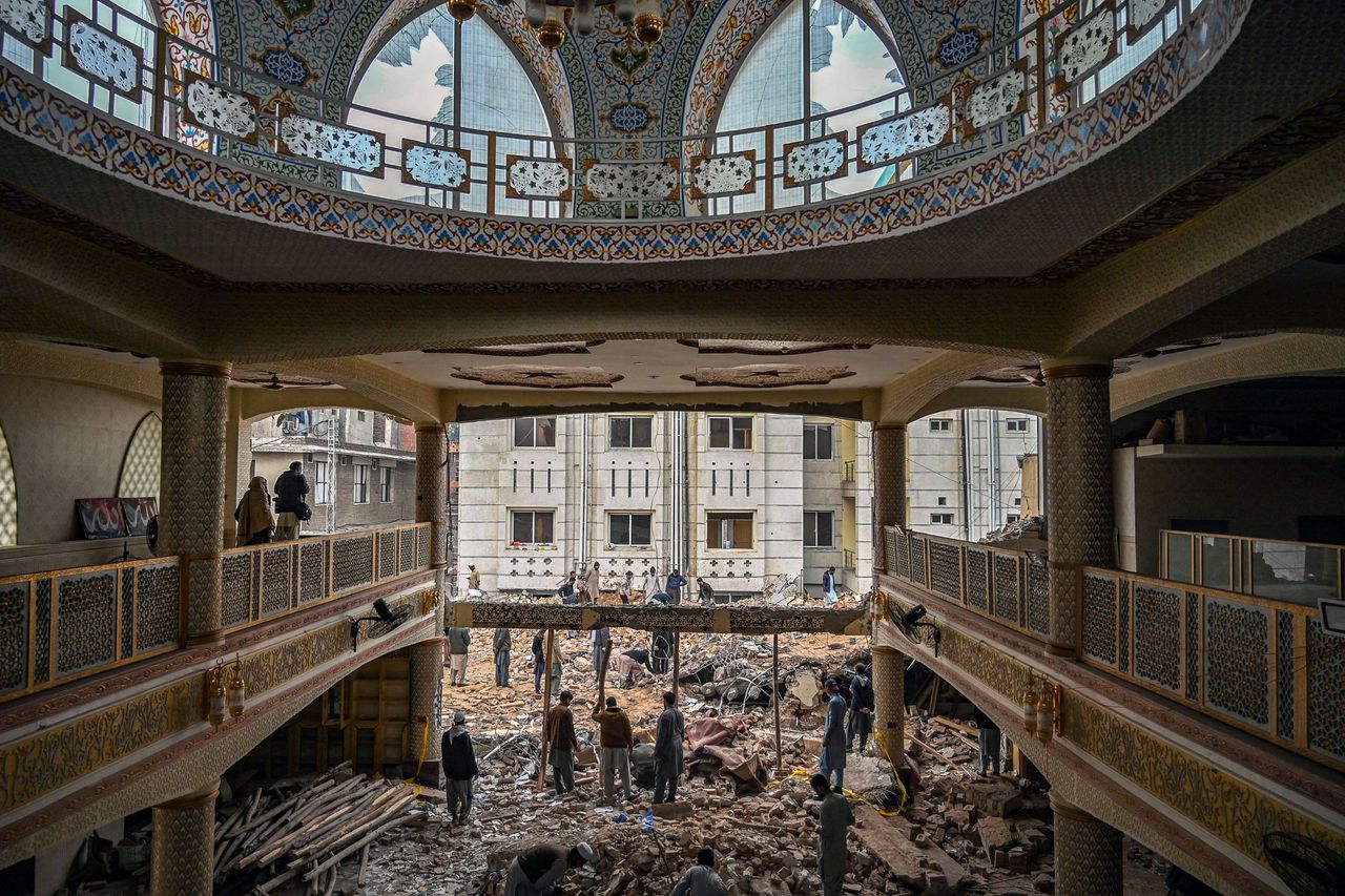 The rubble of a Peshawar mosque damaged in a suicide bombing.