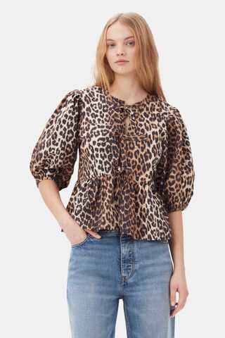 Leopard Cotton Poplin Peplum Tie Blouse