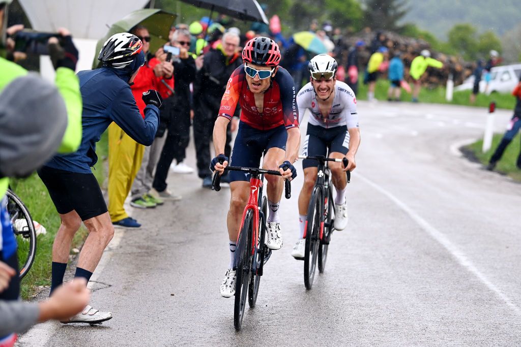 MONTE BONDONE ITALY MAY 23 LR Geraint Thomas of The United Kingdom and Team INEOS Grenadiers and Joo Almeida of Portugal and UAE Team Emirates White best young jersey attack in the breakaway during the 106th Giro dItalia 2023 Stage 16 a 203km stage from Sabbio Chiese to Monte Bondone 1642m UCIWT on May 23 2023 in Monte Bondone Italy Photo by Tim de WaeleGetty Images