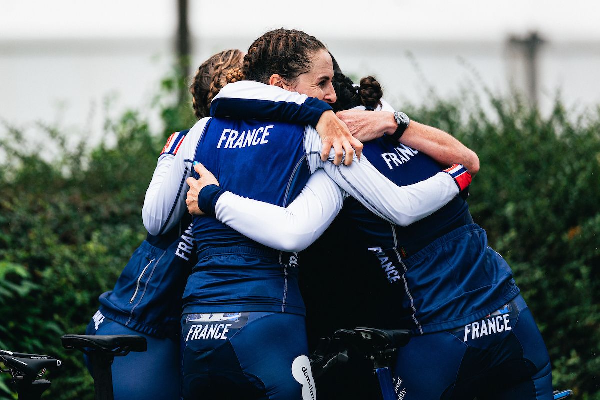 France celebrate victory in the European Championships Mixed Relay TTT