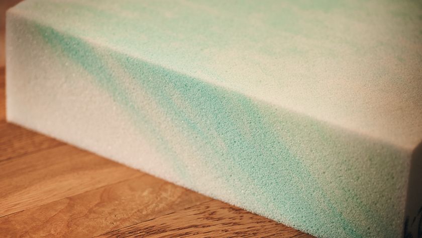 A close-up shot of the white and blue cooling gel-foam used in mattresses 