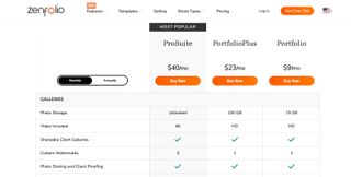 Zenfolio portfolio website builder pricing page screenshot