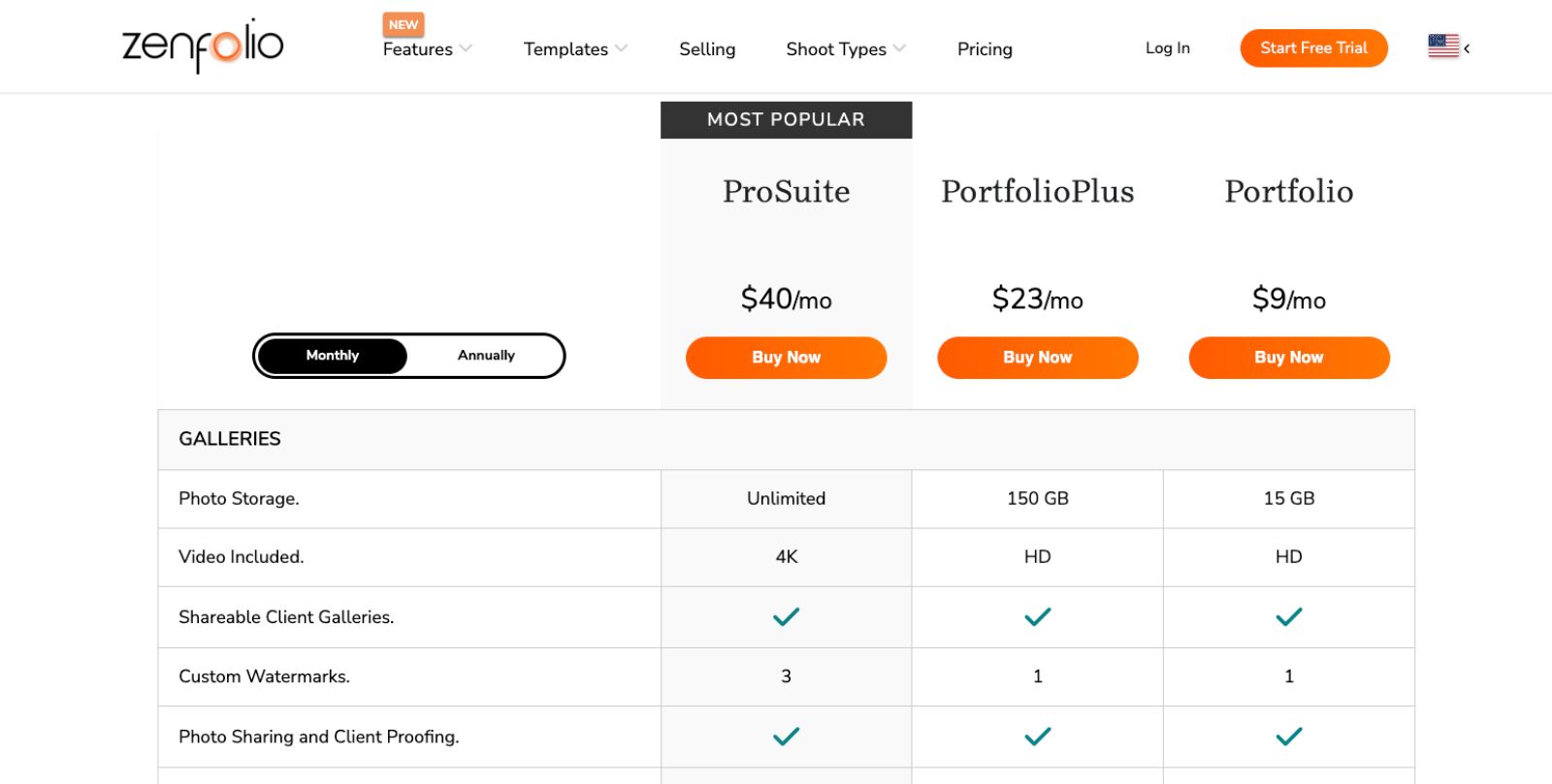 Zenfolio portfolio website builder pricing page screenshot