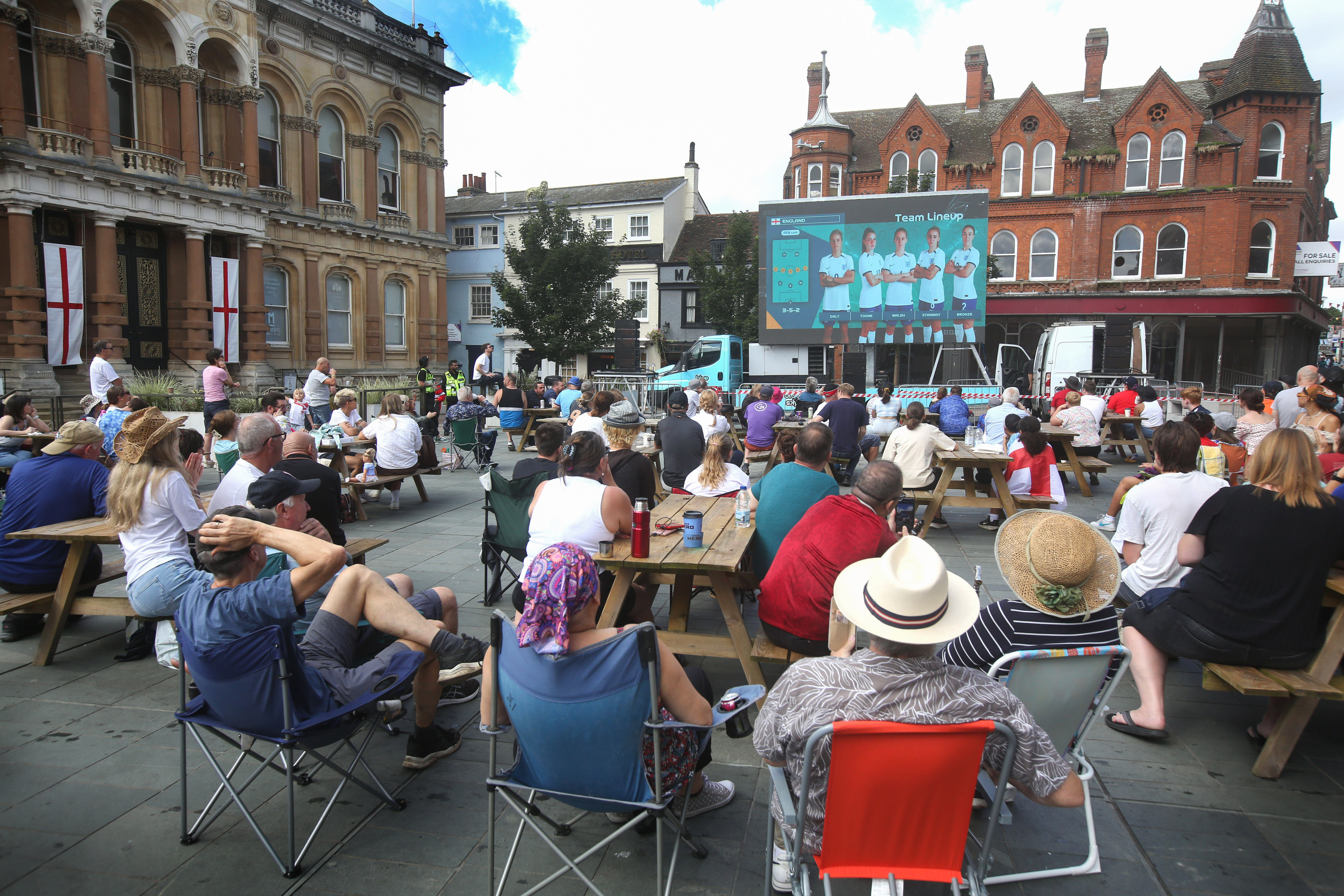 England women&#039;s football team fans gather in Ipswich city centre to watch the FIFA World Cup final on a big screen