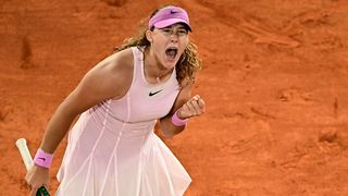 Mirra Andreeva clenches her fist after winning a point at the French Open 2026