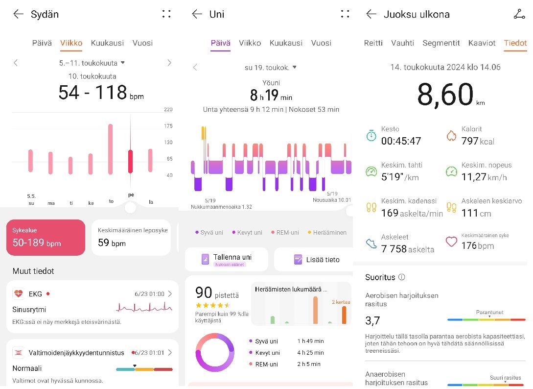 Trenings- og helsedata samlet inn av Huawei Watch Fit 3 i Huawei Health-appen.