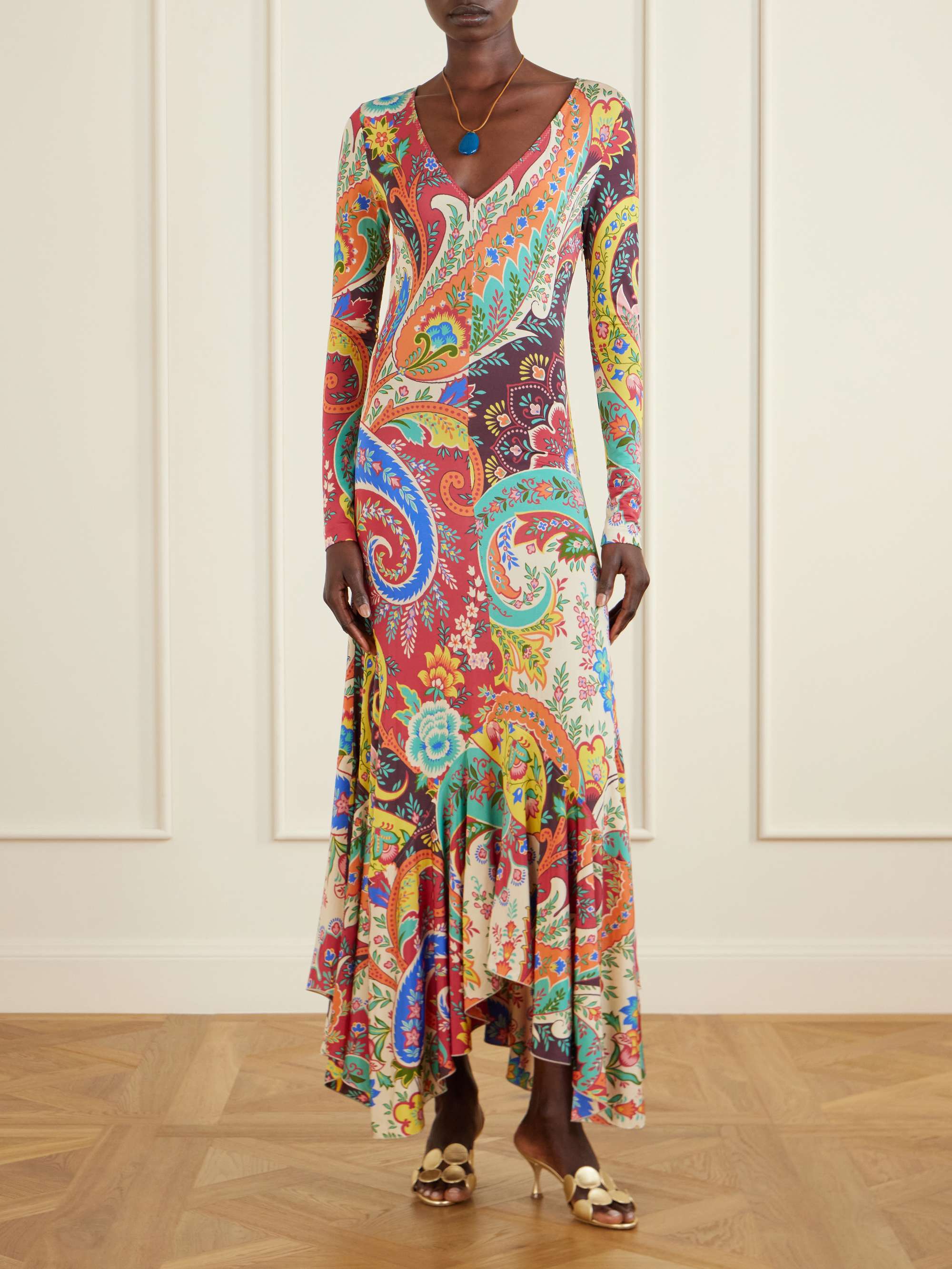 Ruffled Paisley-Print Jersey Maxi Dress