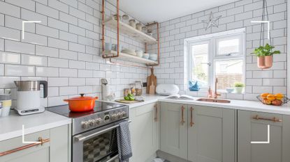 Modern white kitchen with whole metro tiles on walls and sage green cabinets to show useful kitchen cleaning hacks