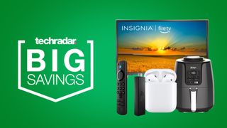 TV, air fryer, Fire Stick and AirPods on a green background next to TechRadar big savings logo