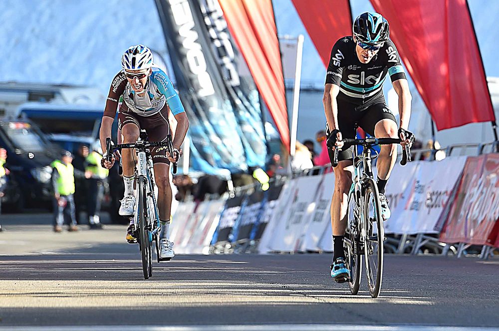 Chris Froome and Romain Bardet cross the finish line during stage 4 at Volta a Catalunya