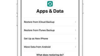 Apps & Data -valikko avoimena iPhonessa