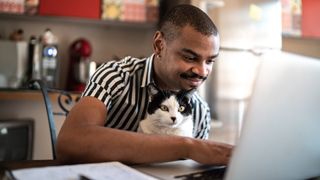 Man and cat looking at the best Amazon Prime Day cat deals on laptop