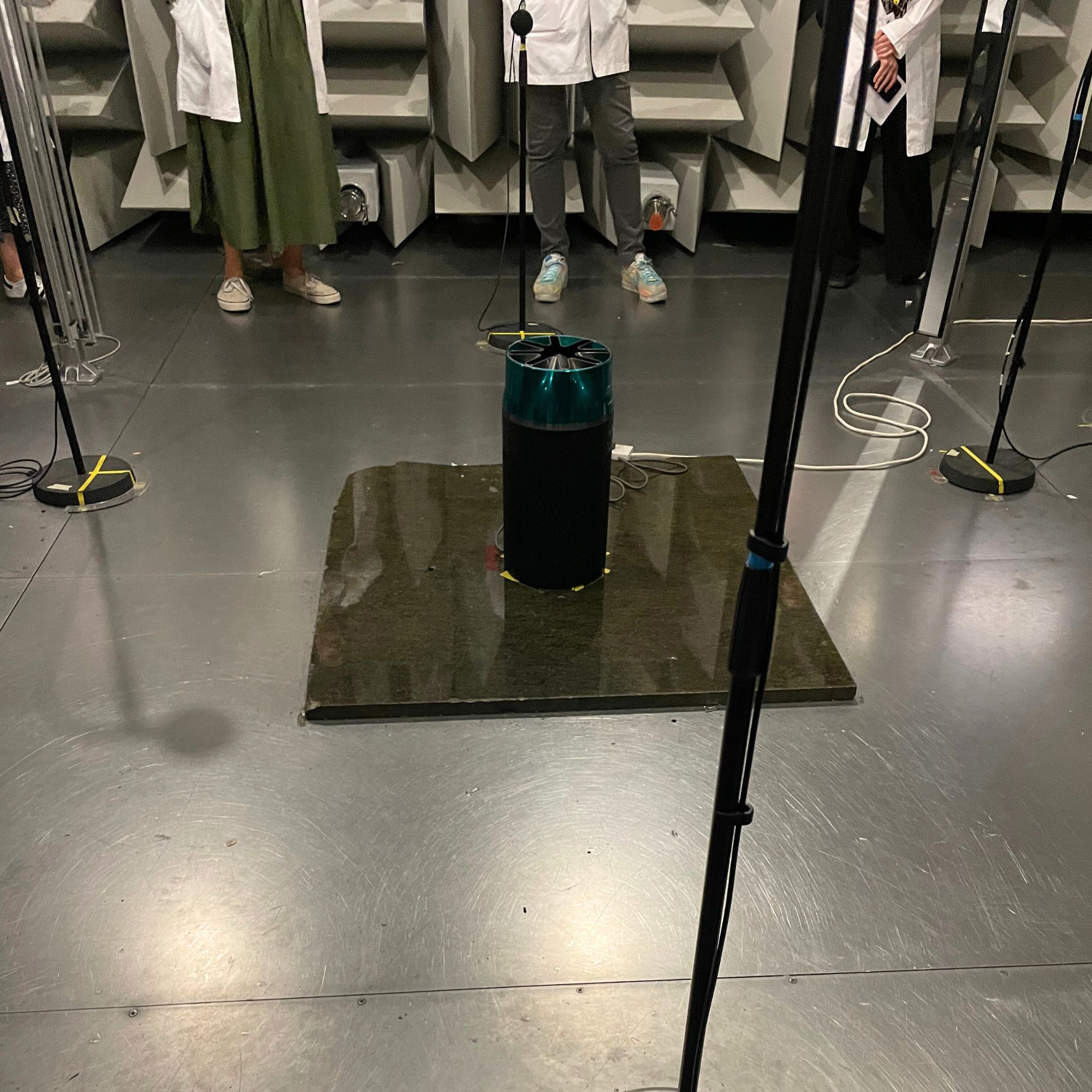 Dyson HushJet Air Purifier sitting on the floor in a Dyson testing chamber