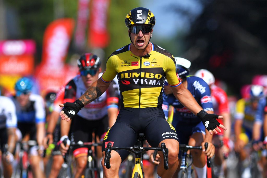 HERON BELGIUM JULY 18 Dylan Groenewegen of Netherlands and Team Jumbo Visma celebrates at arrival during the 42nd Tour de Wallonie 2021 Stage 1 a 1857km stage from Genappe to Hron 195m tourdewallonie grandprixdewallonie on July 18 2021 in Heron Belgium Photo by Luc ClaessenGetty Images
