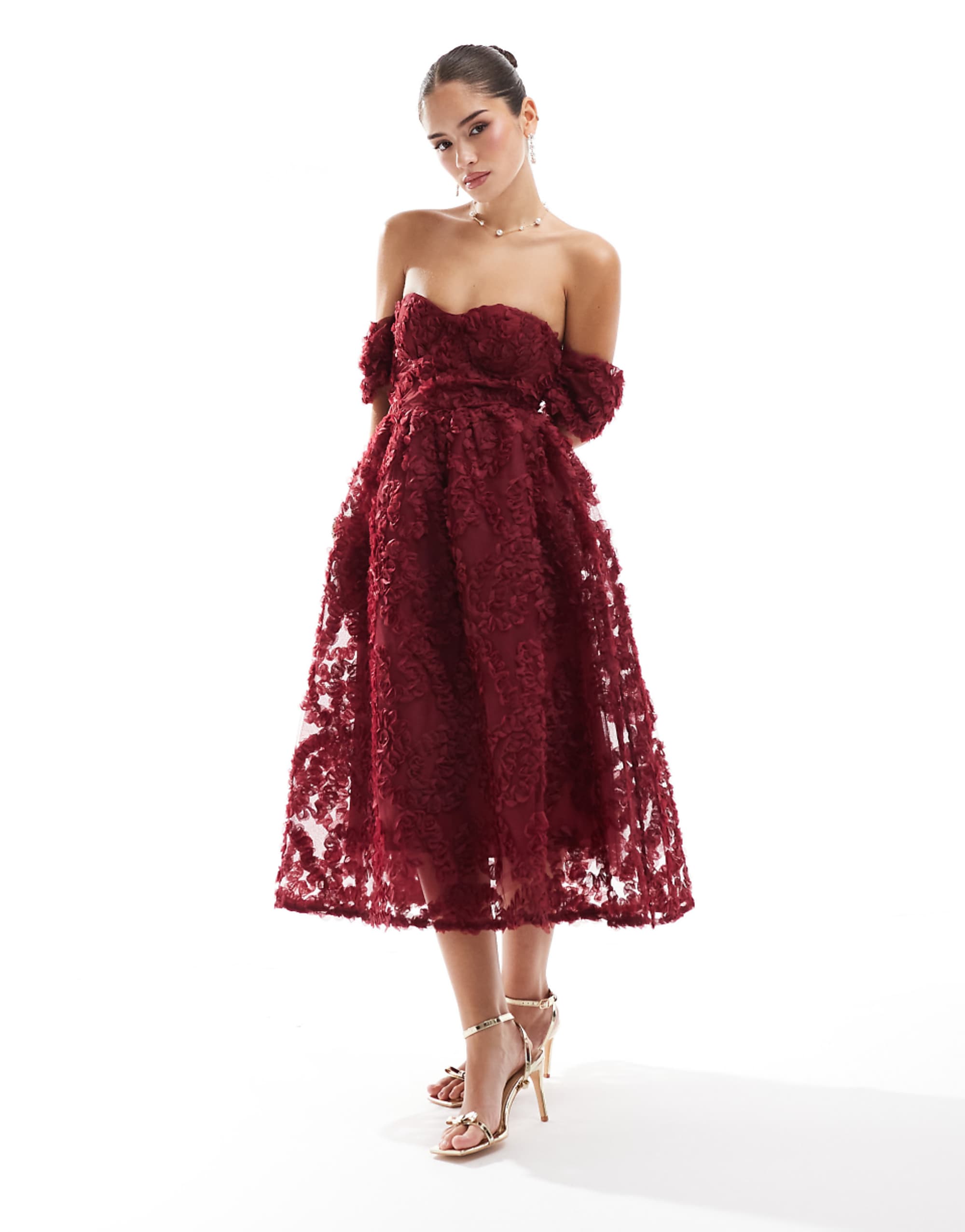 True Decadence Bardot Bust Cup Midi Dress in Burgundy