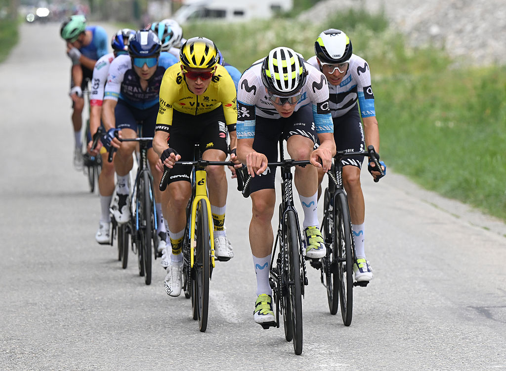 PLATEAU DU MONT-CENIS, FRANCE - JUNE 15: (L-R) Sepp Kuss of United States and Team Visma | Lease a Bike, Ivan Romeo of Spain and Enric Mas of Spain and Team Movistar compete in the breakaway during the 77th Criterium du Dauphine 2025, Stage 8 a 133.3km stage from Val-d'Arc to Plateau du Mont-Cenis 2095m / #UCIWT / on June 15, 2025 in Plateau du Mont-Cenis, France.