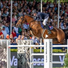 Eoin Brennan and Augustus Z win the seven-year-old title at the FEI WBFSH World Breeding Championship for Young Horses at Lanaken, Belgium.