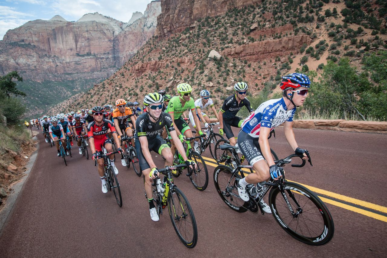 Gregory Daniel (Axeon) leads the peloton up one of todays first climbs