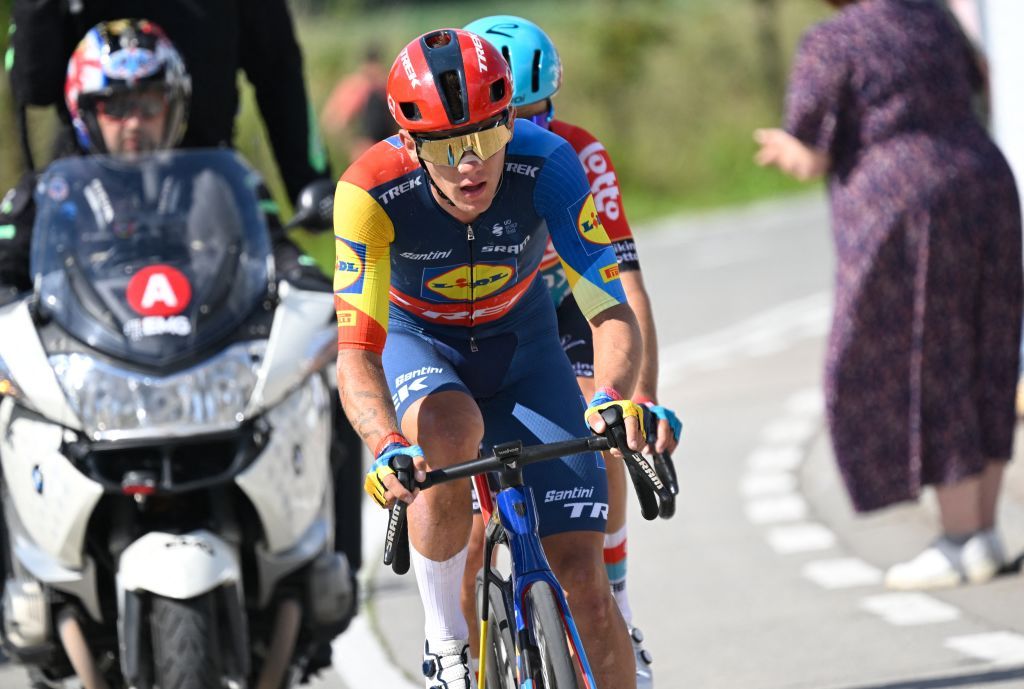 Belgian Thibau Nys of Lidl-Trek and Belgian Arjen Livyns of Lotto Dstny pictured in action during the men&#039;s elite race of the Belgian Championships cycling, 220 km, from Sint-Lievens-Houtem to Zottegem, on Sunday 23 June 2024. BELGA PHOTO TOM GOYVAERTS (Photo by Tom Goyvaerts / BELGA MAG / Belga via AFP)