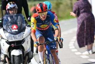 Belgian Thibau Nys of Lidl-Trek and Belgian Arjen Livyns of Lotto Dstny pictured in action during the men's elite race of the Belgian Championships cycling, 220 km, from Sint-Lievens-Houtem to Zottegem, on Sunday 23 June 2024. BELGA PHOTO TOM GOYVAERTS (Photo by Tom Goyvaerts / BELGA MAG / Belga via AFP)