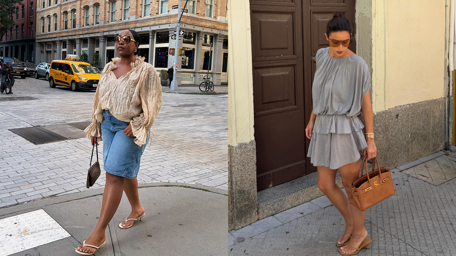 Collage of women wearing light latte shoe color trend in summer 2026.