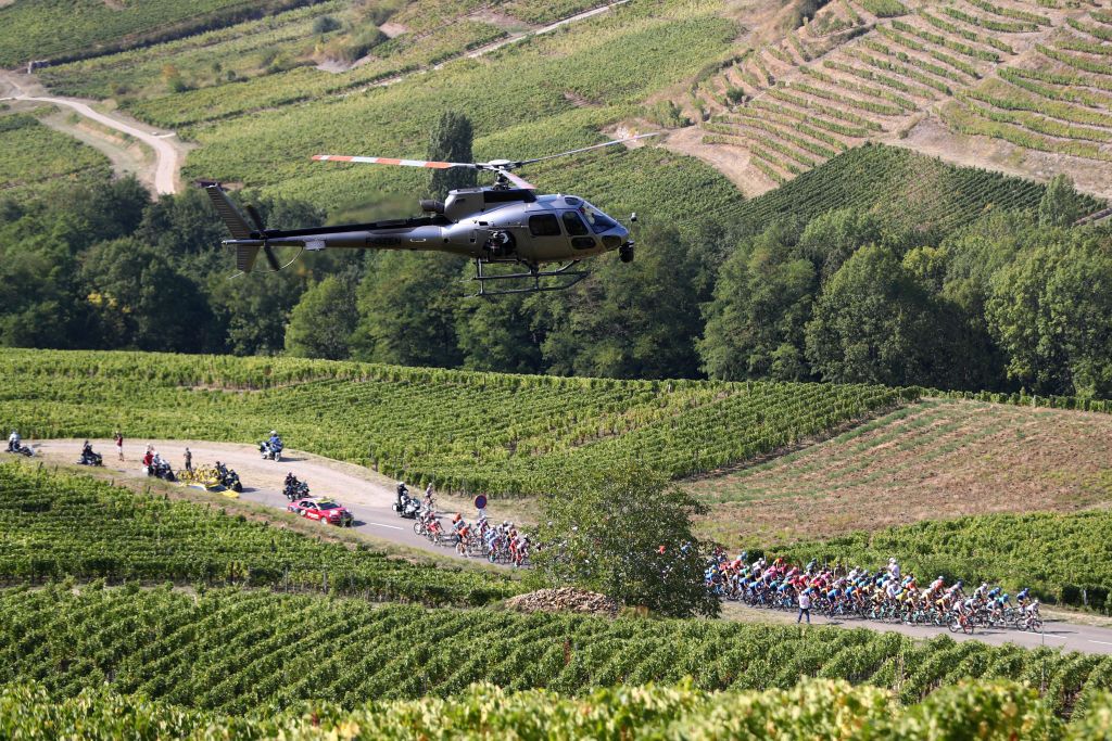 CHAMPAGNOLE FRANCE SEPTEMBER 18 Peloton Voiteur 266m Vineyards Helicopter Landscape during 107th Tour de France 2020 Stage 19 a 1665km stage from Bourg en Bresse to Champagnole 547m TDF2020 LeTour on September 18 2020 in Champagnole France Photo by Michael SteeleGetty Images