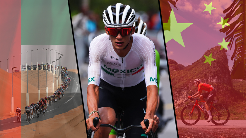 A collage of cycling in the UAE and China, with Mexican rider Isaac del Toro