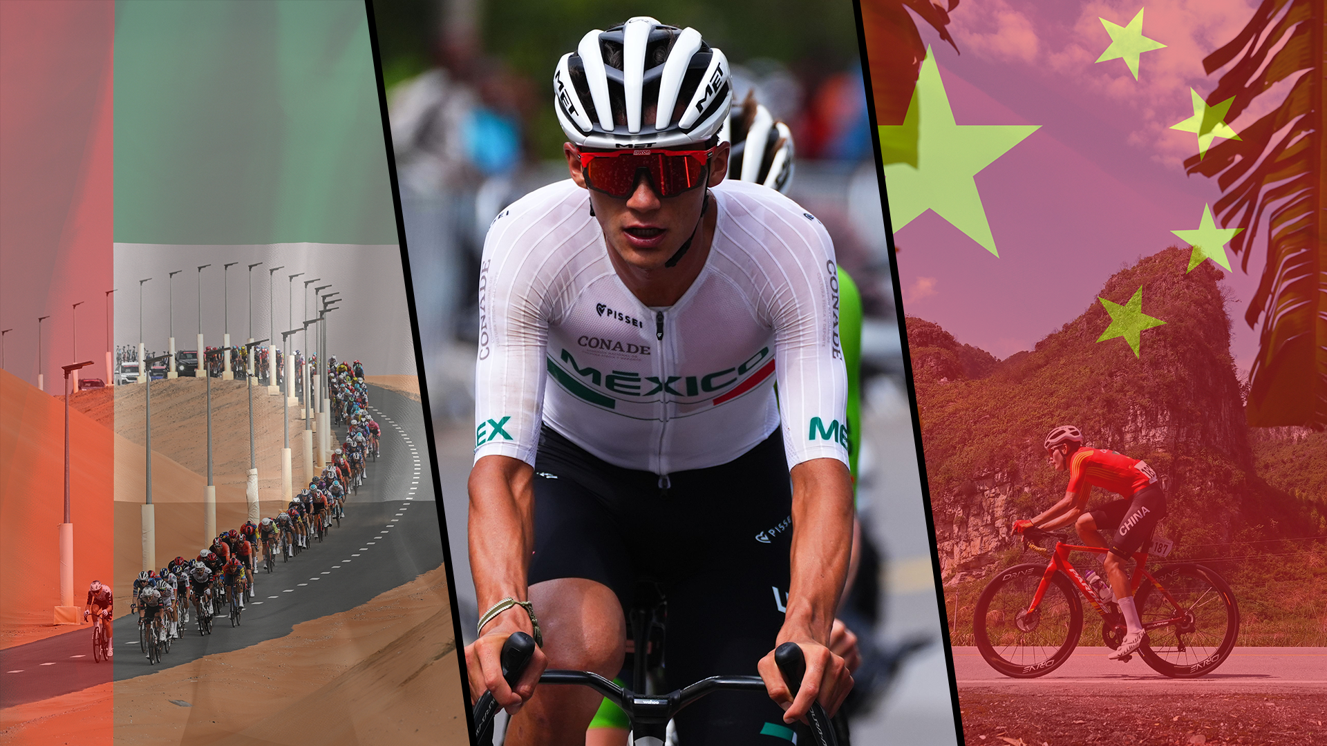 A collage of cycling in the UAE and China, with Mexican rider Isaac del Toro