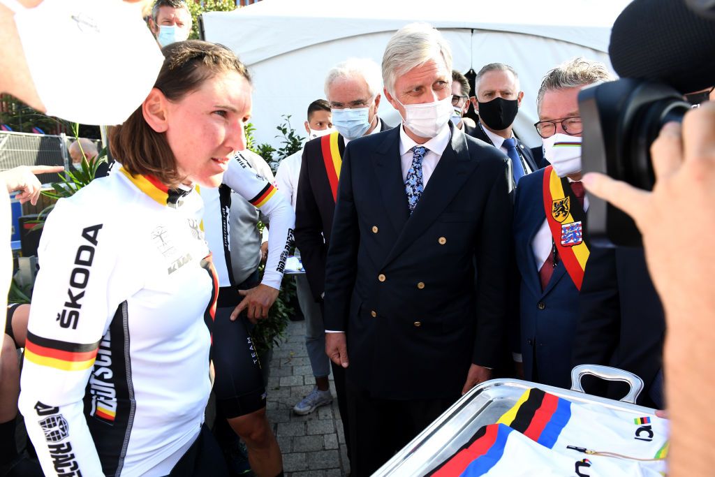 BRUGES BELGIUM SEPTEMBER 22 His Majesty the King Philippe of Belgium handing over the world champions jerseys to Lisa Brennauer of Germany after the 94th UCI Road World Championships 2021 Team Time Trial Mixed Relay a 445km race from KnokkeHeist to Bruges the day cyclist Tony Martin of Germany withdraws from professional cycling flanders2021 TT on September 22 2021 in Bruges Belgium Photo by Simon Wilkinson PoolGetty Images