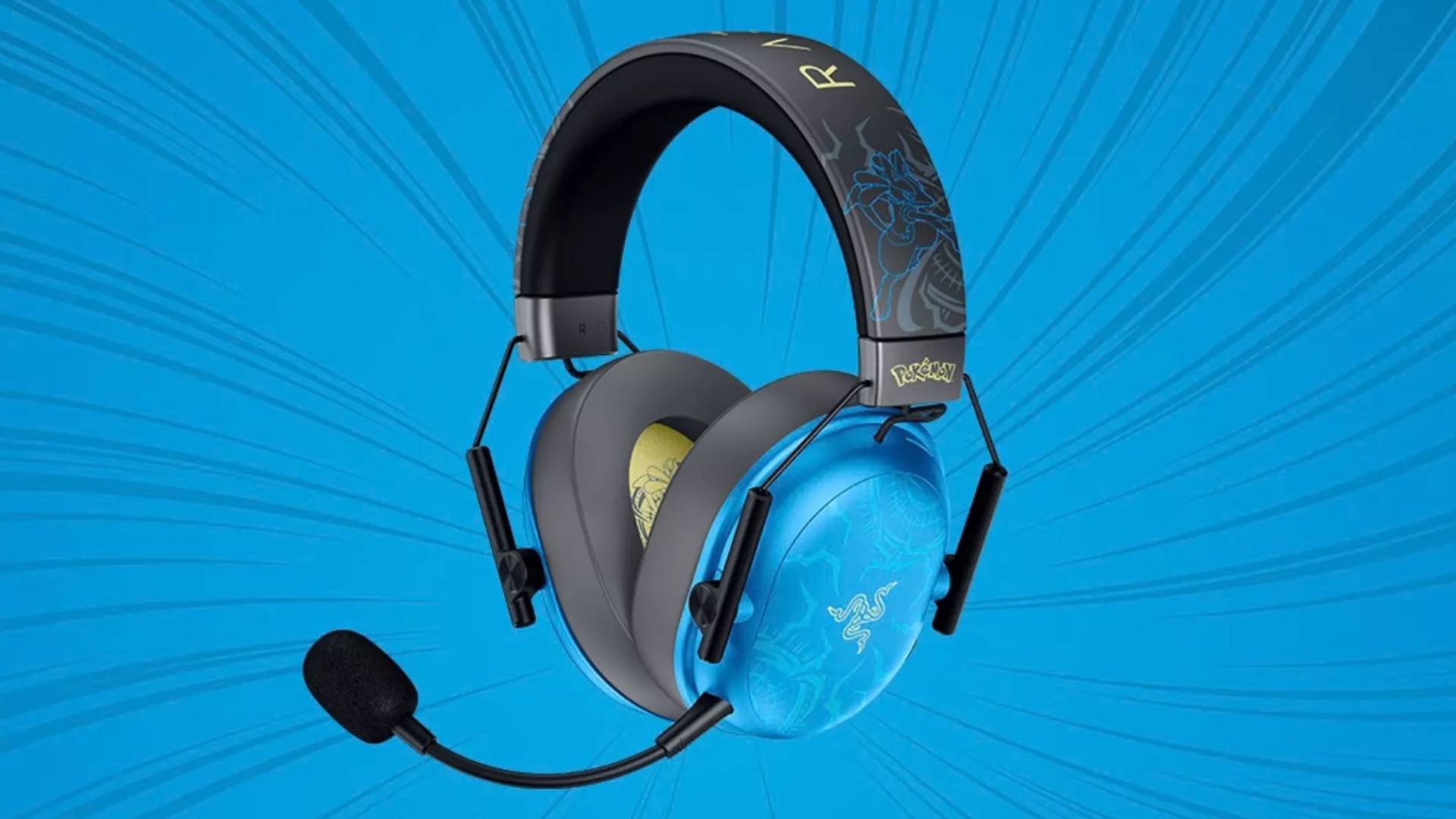Official image of the Lucario Edition BlackShark V3 X HyperSpeed headset on a blue background.