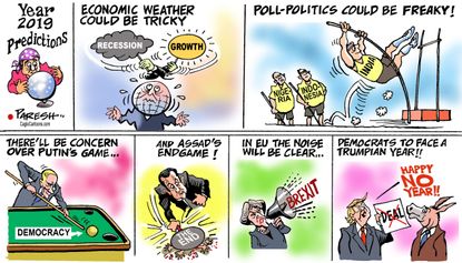 Political cartoon world 2019 Trump new years predictions politics