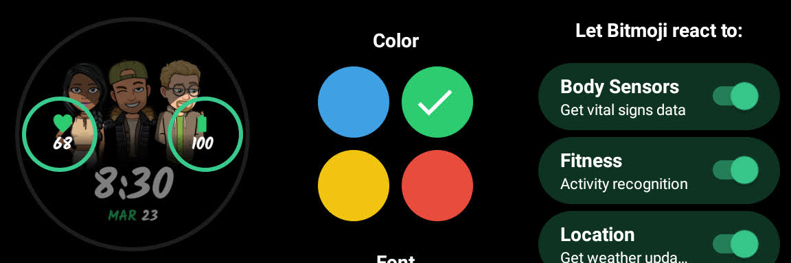 Скриншоты Bitmoji для Wear OS на Pixel Watch