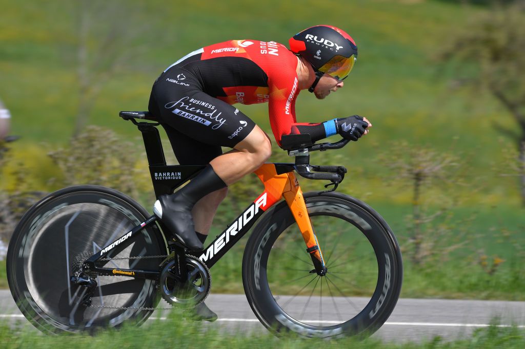 ORON SWITZERLAND APRIL 27 Jan Tratnik of Slovenia and Team Bahrain Victorious during the 74th Tour De Romandie 2021 Prologue a 405km Individual Time Trial stage from Oron to Oron 700m ITT TDR2021 TDRnonstop UCIworldtour on April 27 2021 in Oron Switzerland Photo by Luc ClaessenGetty Images