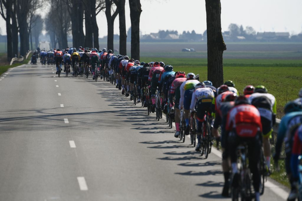 The pack rides during the 2nd stage of the 80th edition of the Paris Nice cycling race 1595 km between Auffargis and Orleans on March 7 2022 Photo by FRANCK FIFE AFP Photo by FRANCK FIFEAFP via Getty Images