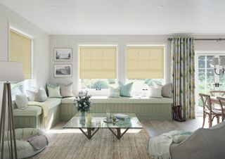 country living room with blinds and curtains