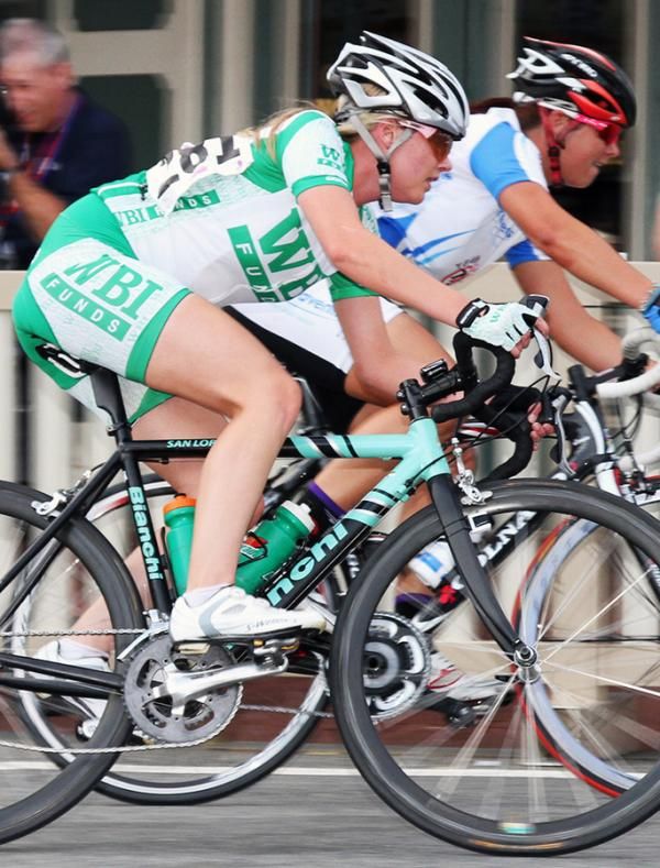 Lauren Shirock (WBI Funds Cycling Team) rounds a corner along side Mandy Marquardt (Team Type 1).