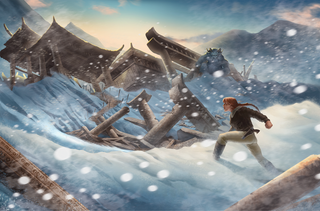 A pulp explorer striding through snowy ruins while a yeti looks on.