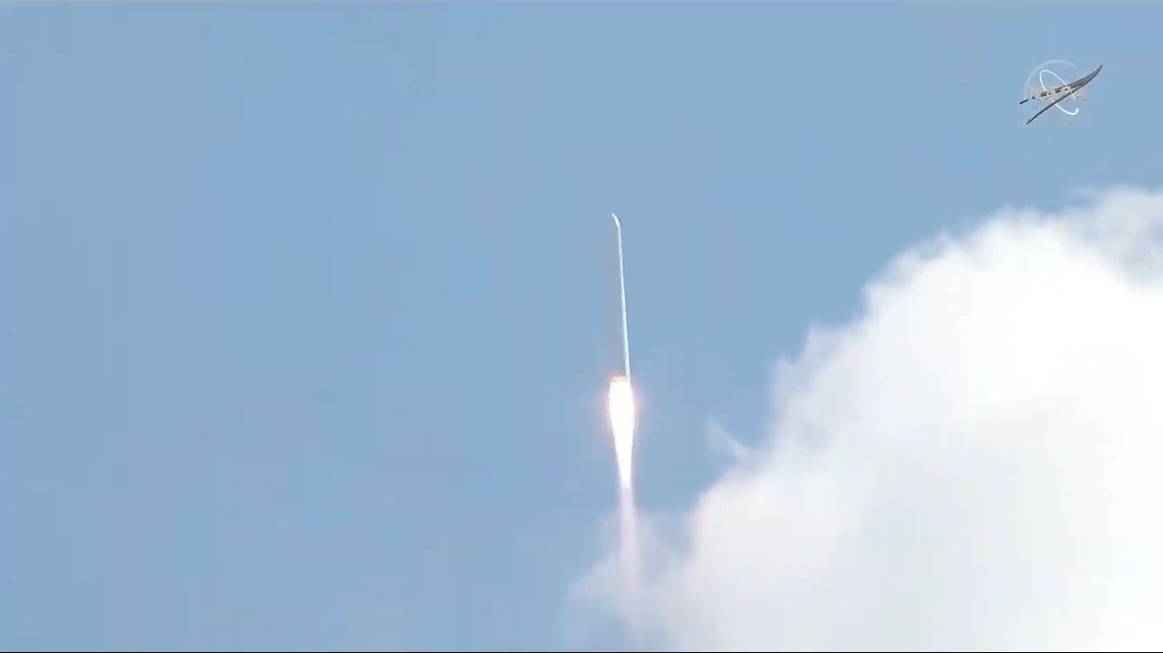 A Northrop Grumman Antares rocket carrying the uncrewed Cygnus NG-15 cargo ship launches from Pad 0A of NASA's Wallops Flight Facility on Wallops Island, Virginia on Feb. 20, 2021.