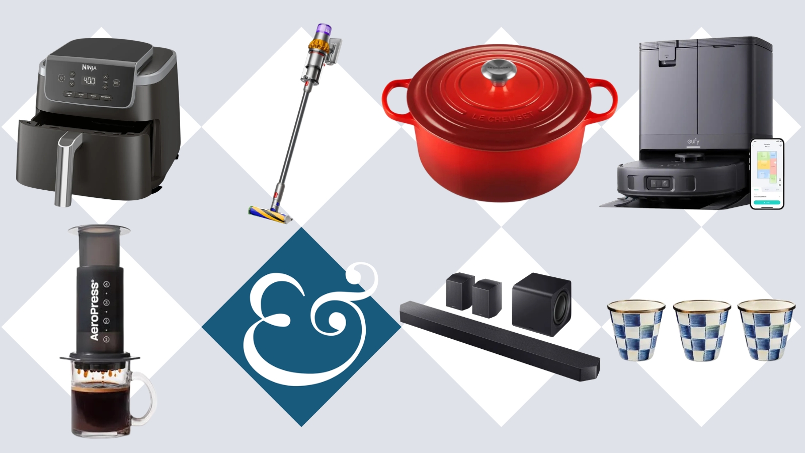 Ninja air fryer, AeroPress, Dyson vacuum, Le Creuset dish, Samsung sound system, eufy robot vacuum, and checkered herb pots on tile background with Homes &amp; Gardens '&amp;' logo.