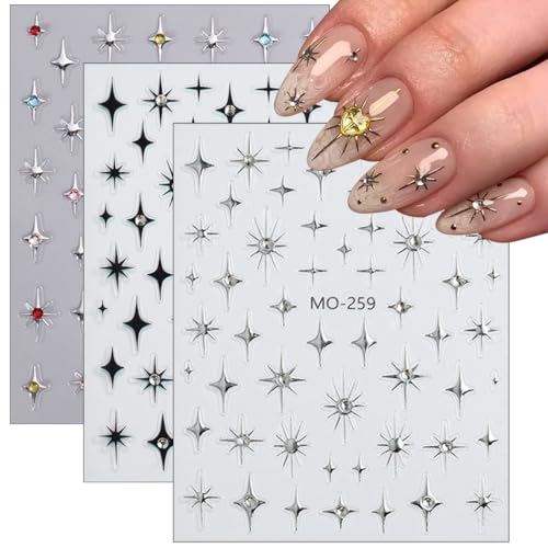 Shiny Star Nail Stickers for Nail Art 3d Glitter Gold Silver Star Luxury Rhinestones Nails Design Stickers Black White Starlight Nail Decals Nail Supplies for Women Girls Diy Manicure 3 Sheets