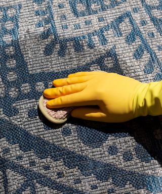 person cleaning an outdoor rug using a sponge