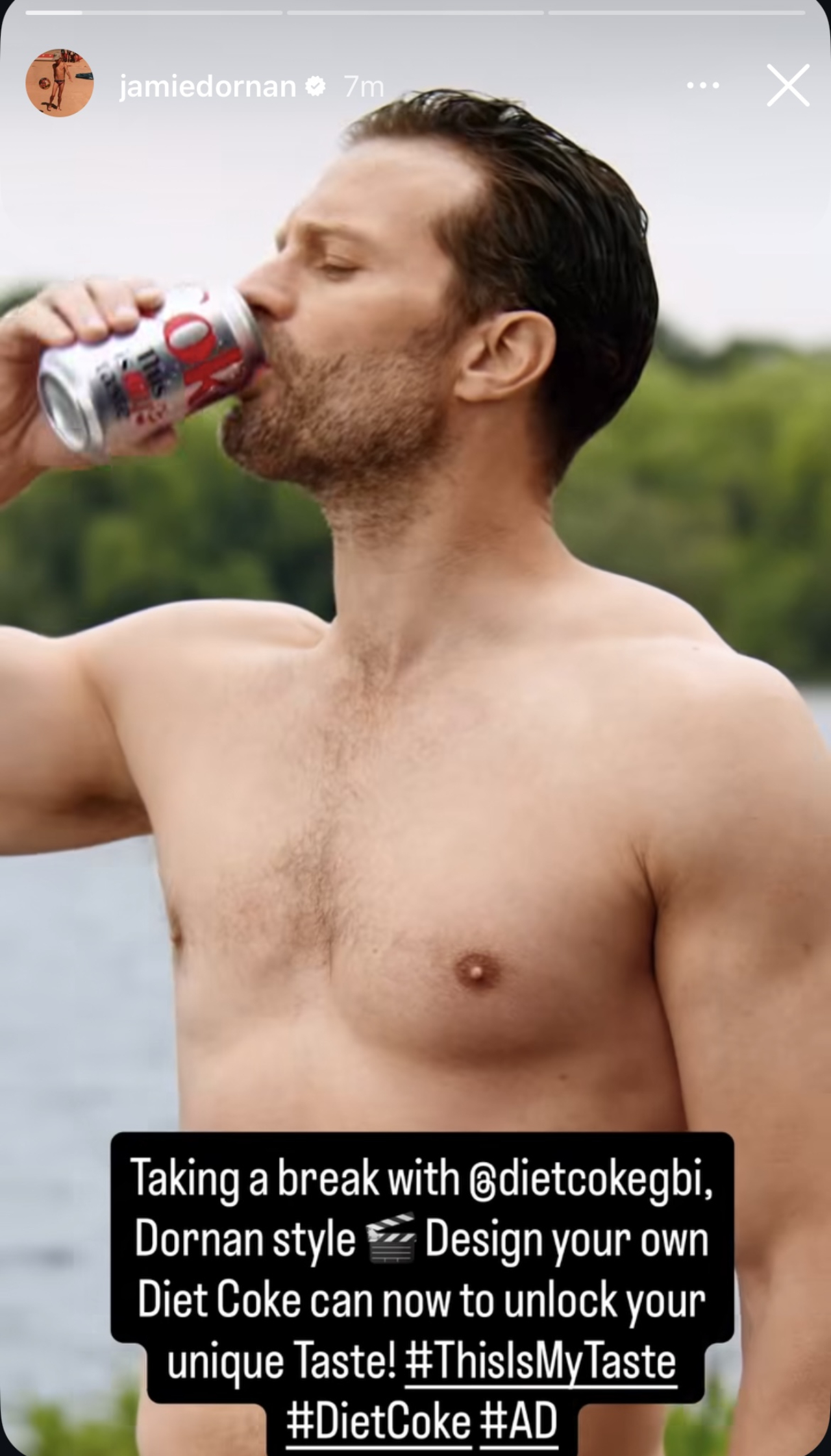 Jamie Dornan sipping a Diet Coke in his commercial ad bloopers found on his Instagram Stories.