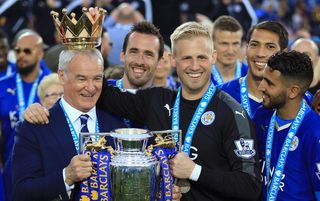 Claudio Ranieri and Kasper Schmeichel celebrate Leicester City's title win
