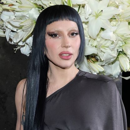 Lady Gaga has long black hair and wears a black one-shoulder dress