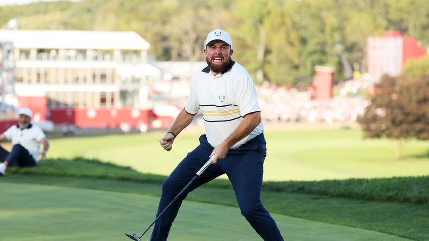 Shane Lowry celebrates winning the ryder cup 2025