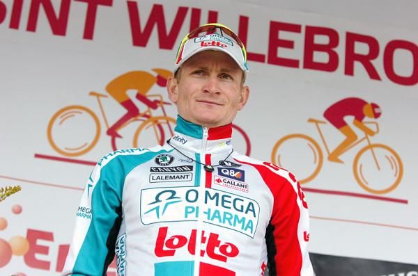 Andre Greipel (Omega Pharma-Lotto) on the podium after winning stage 1 at the Eneco Tour.