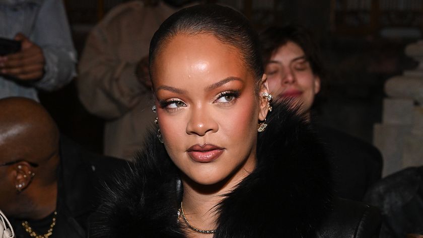 Rihanna in a fur coat and jewelry at A$AP Rocky's 2026 fashion show in New York.