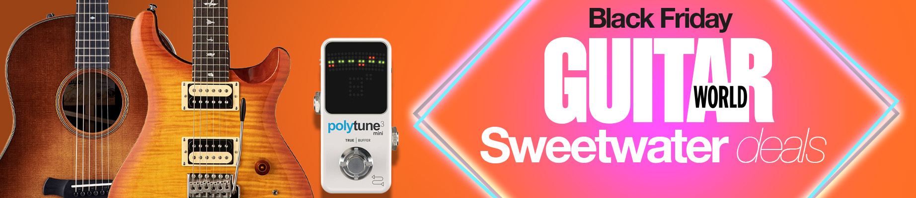 A selection of guitar gear on an orange background